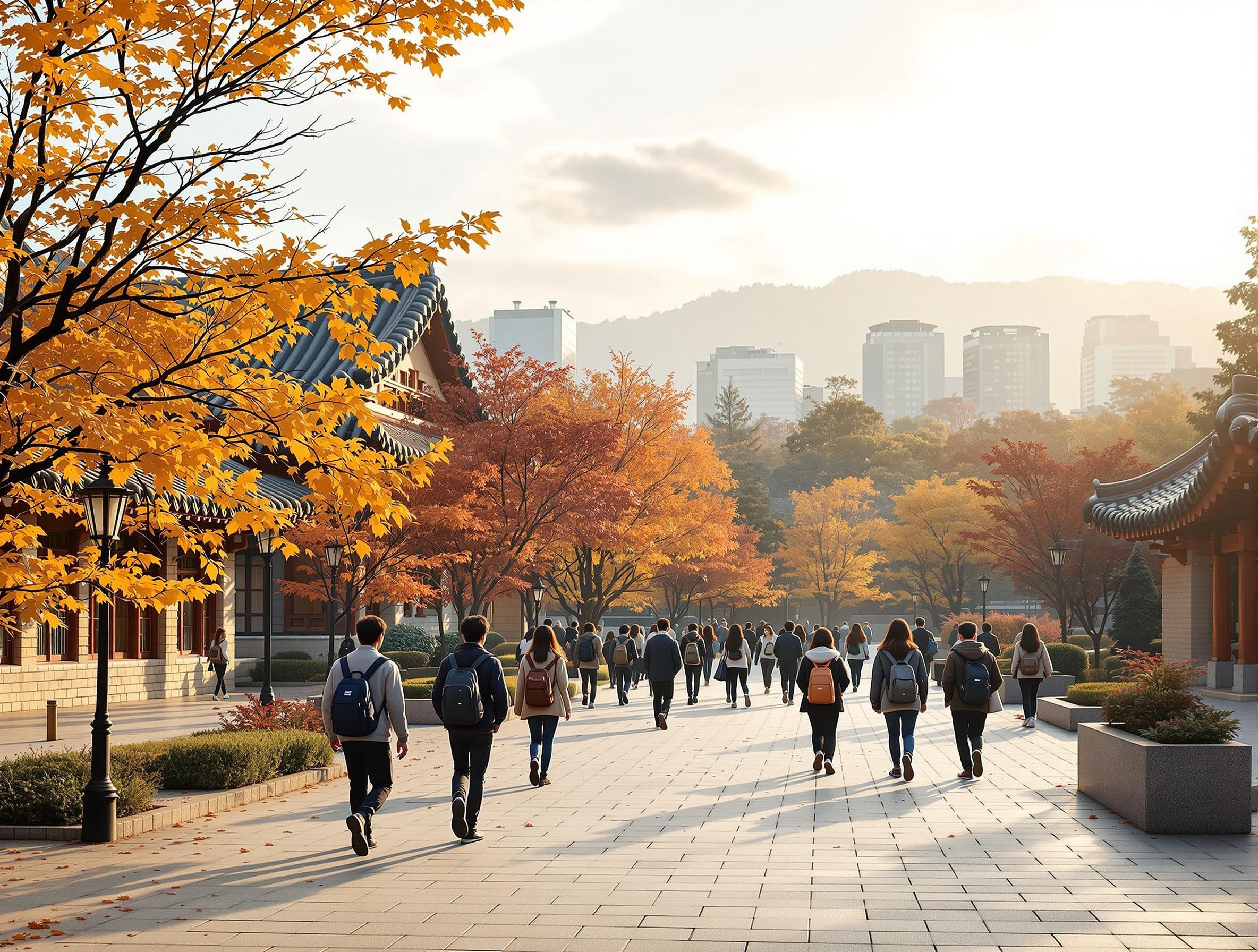 International students walking through beautiful Korean university campus with traditional architecture and modern buildings during golden hour - studying in Korea lifestyle