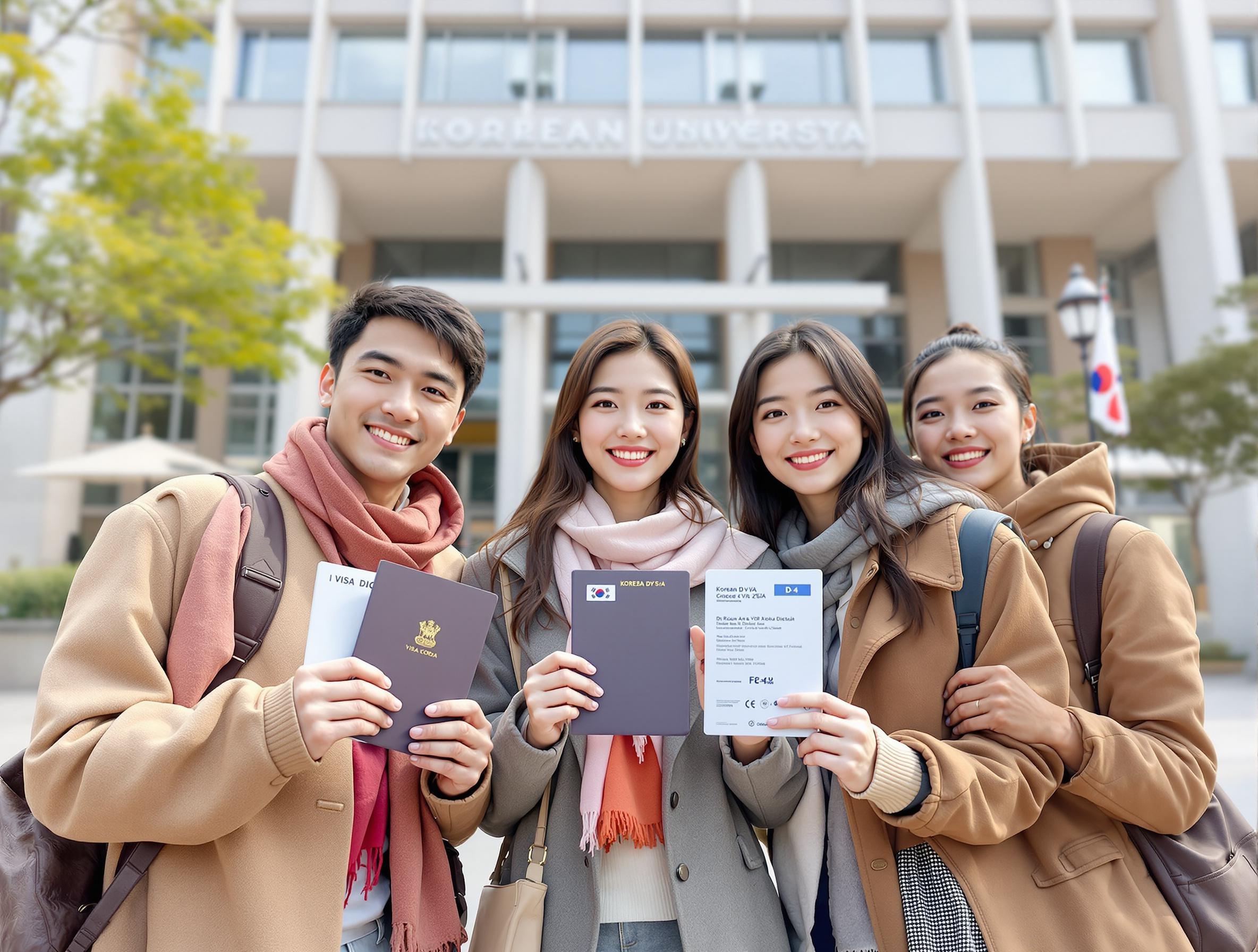 Korean study visa guide showing D-2 and D-4 visa documents with Korean university campus background - complete visa comparison for international students