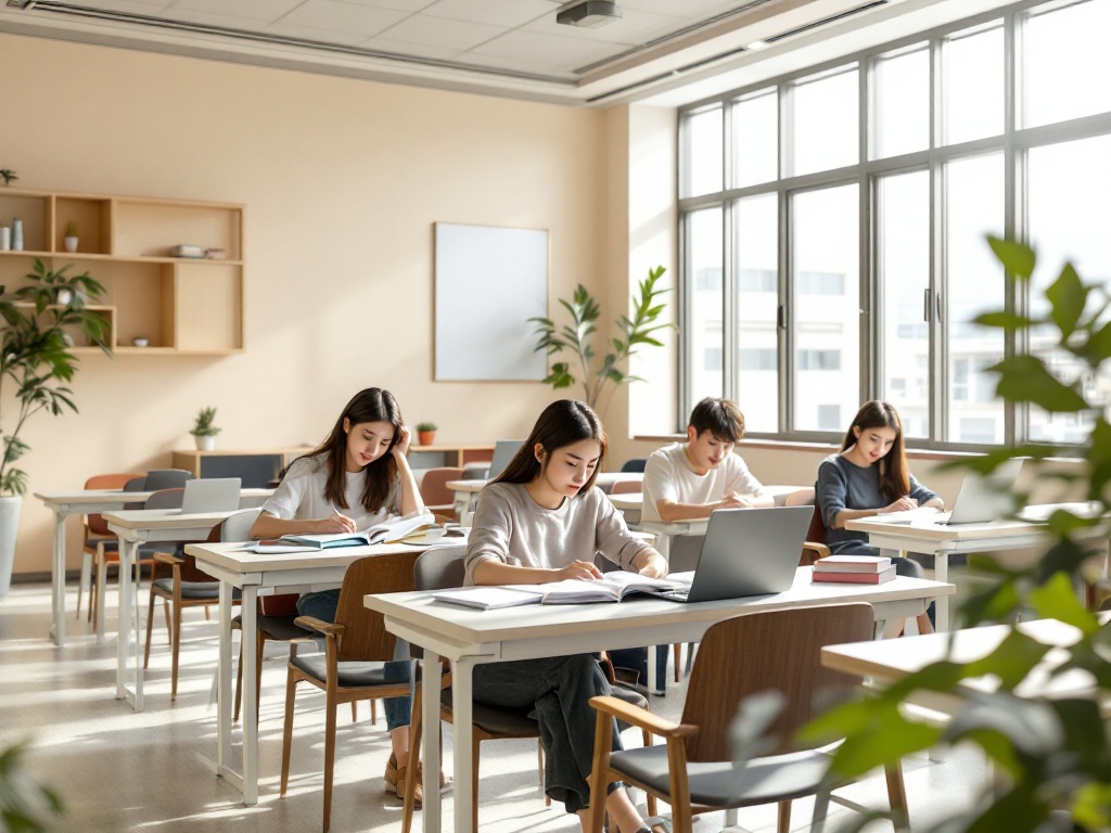 International students studying Korean language in a modern university classroom in Korea, with a professor teaching at a digital whiteboard