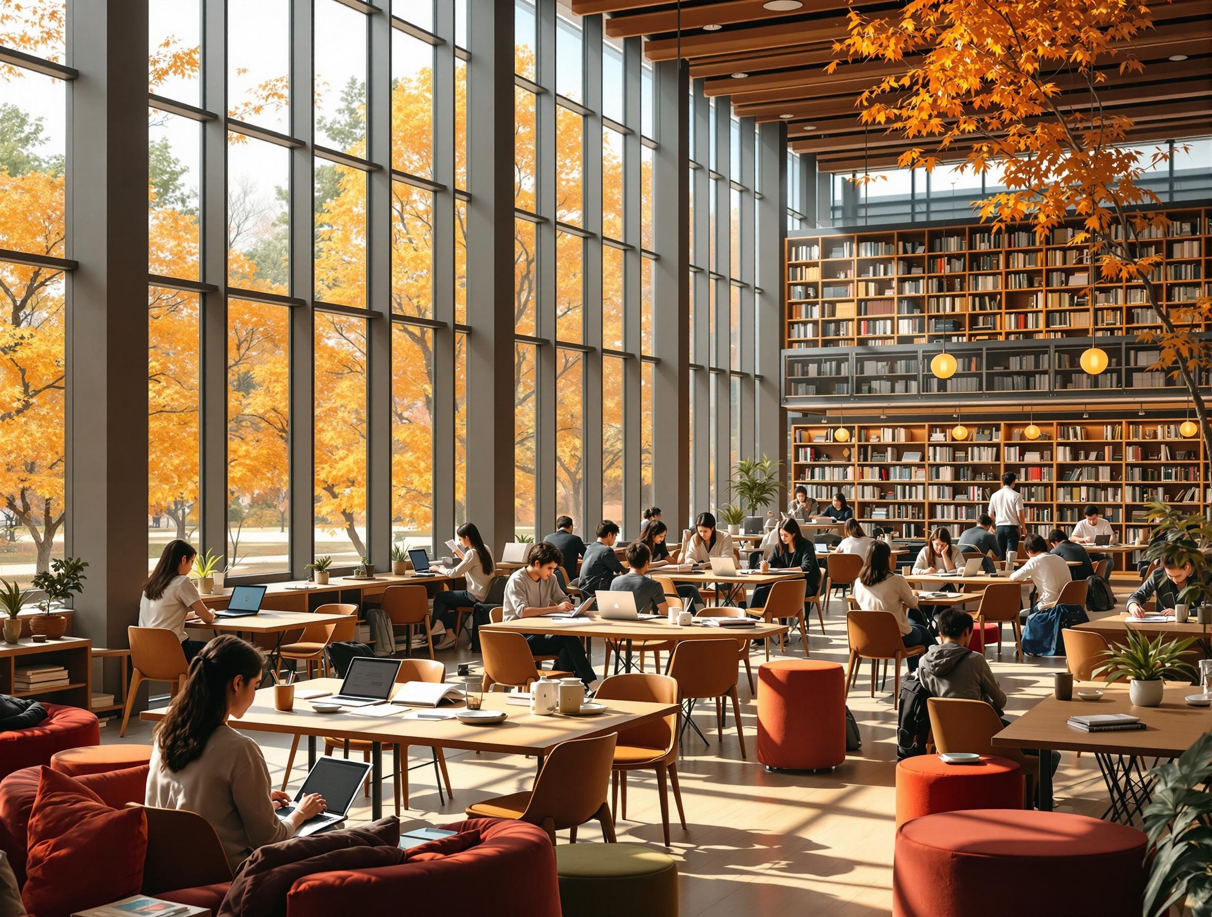 International students studying in Korean university library with warm autumn lighting - study in Korea requirements guide