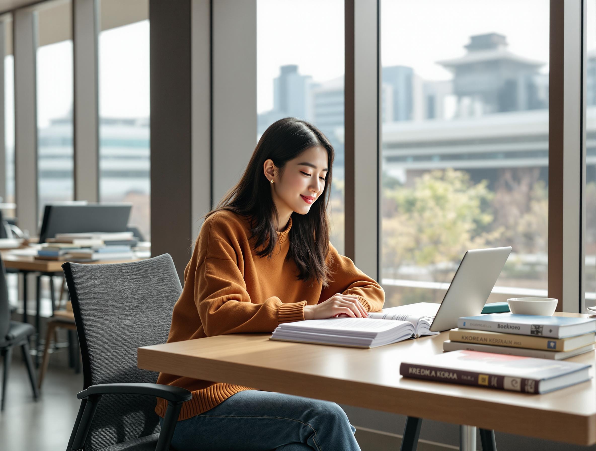 International student studying at Korean university library with scholarship documents and Korean textbooks, representing free education opportunities in Korea