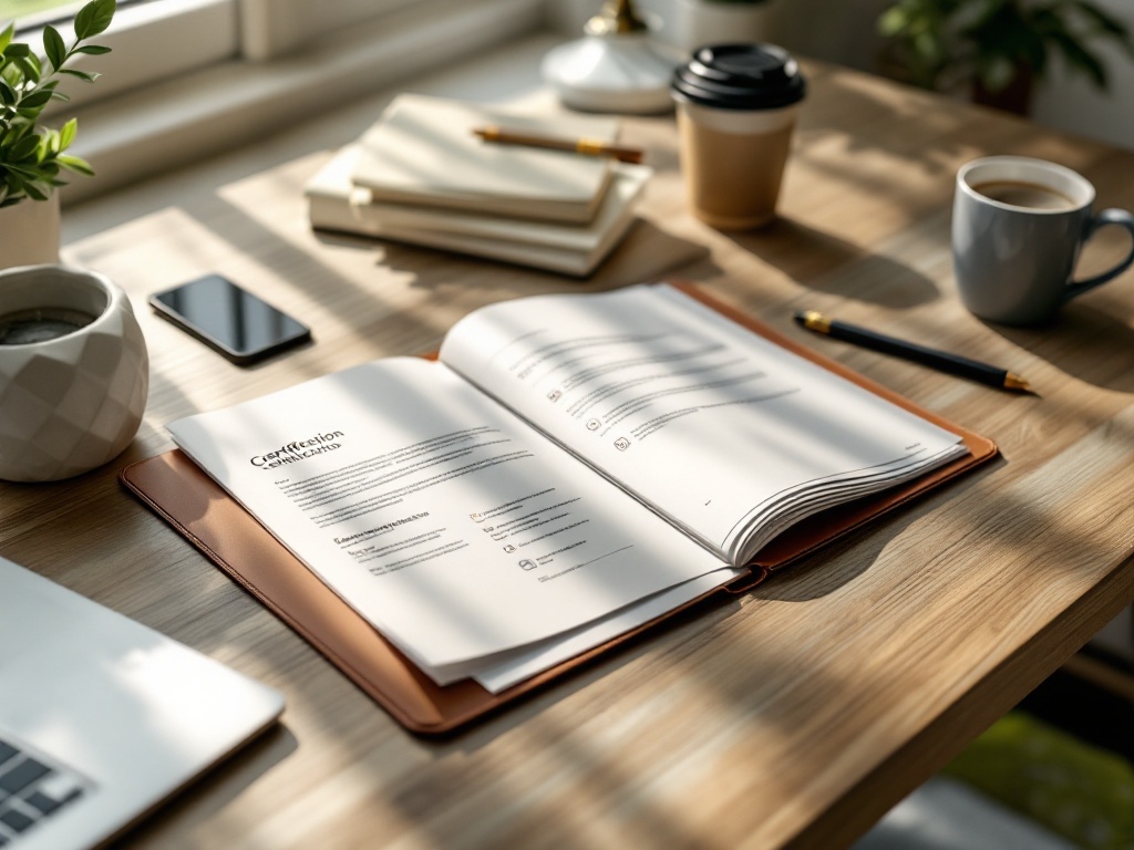 International student portfolio for Korean university admission 2025: organized application materials including GKS documents, TOPIK certificates, and academic transcripts arranged on wooden desk with Student in Korea brand colors