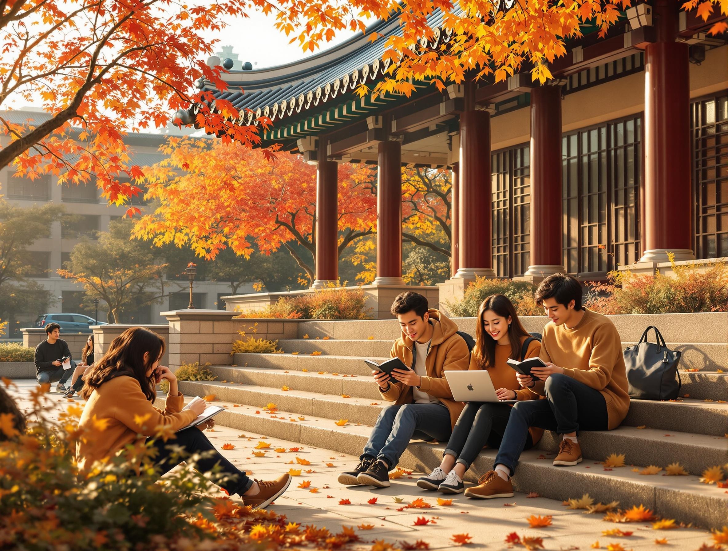 nternational students studying in a modern Korean university campus, smiling and interacting.